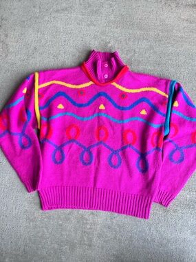 Vintage 80s 90s obermeyer 3D chunky knit rainbow sweater boho wool pullover